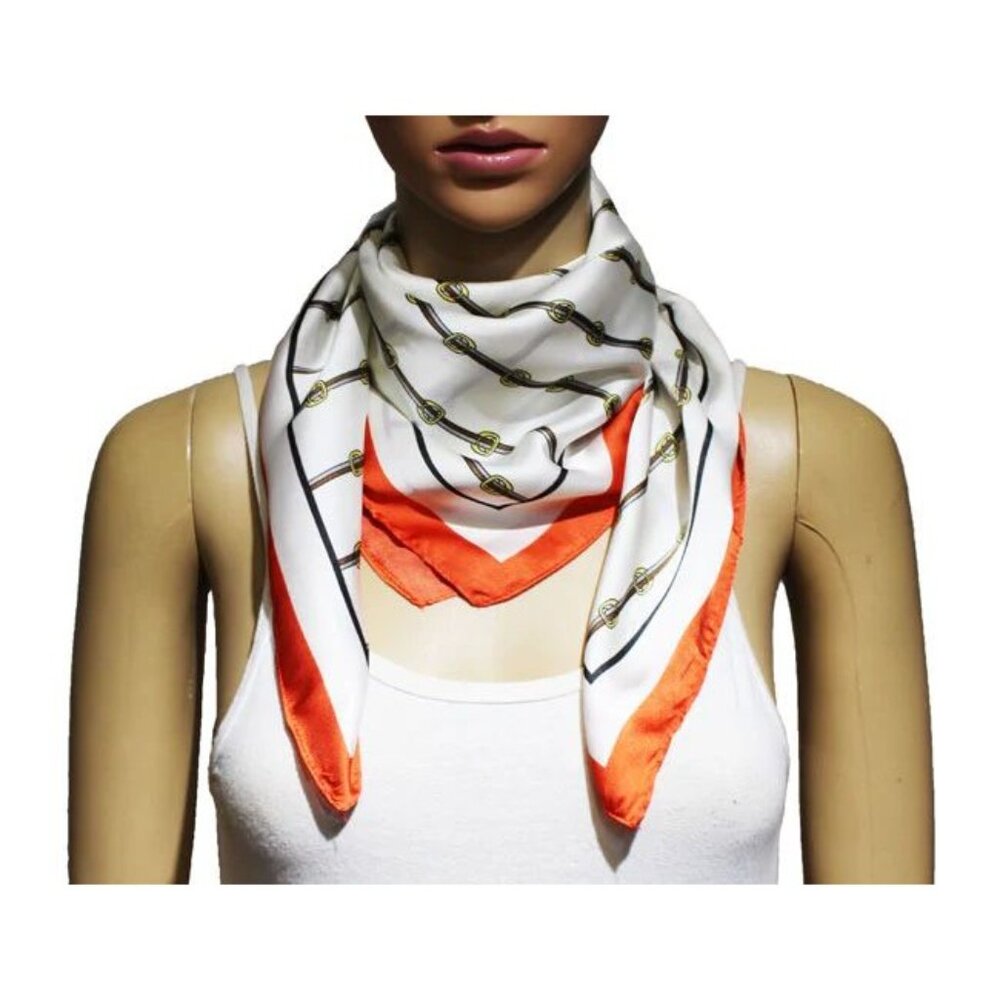 Vintage Equestrian Print Silky Feel Scarf With Orange Border - Picture 3 of 8